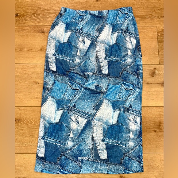 SHEIN Dresses & Skirts - New SHEIN Printed Patchwork Light Denim-look Straight Knit Skirt XL